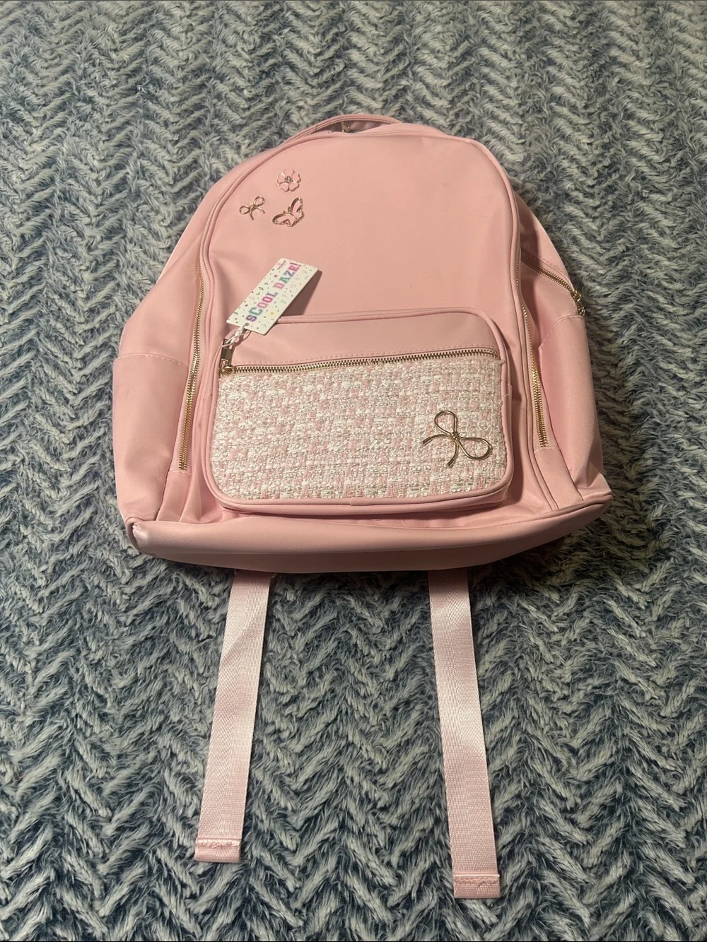 Pink Coquette-Style Backpack with Tweed Patteren and Gold Bow Accents
